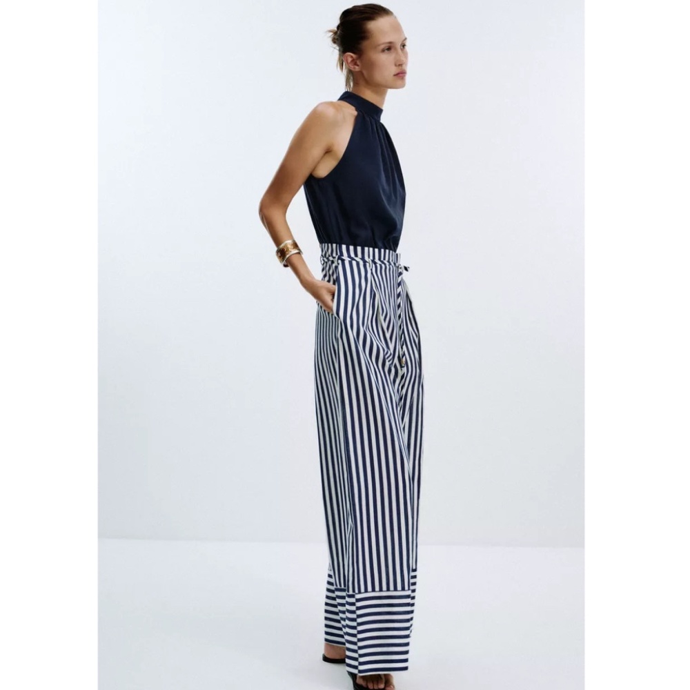 Zara Jumpsuit Linen Overalls Long Navy Blue White Stripe Sailor Core Wide Leg L